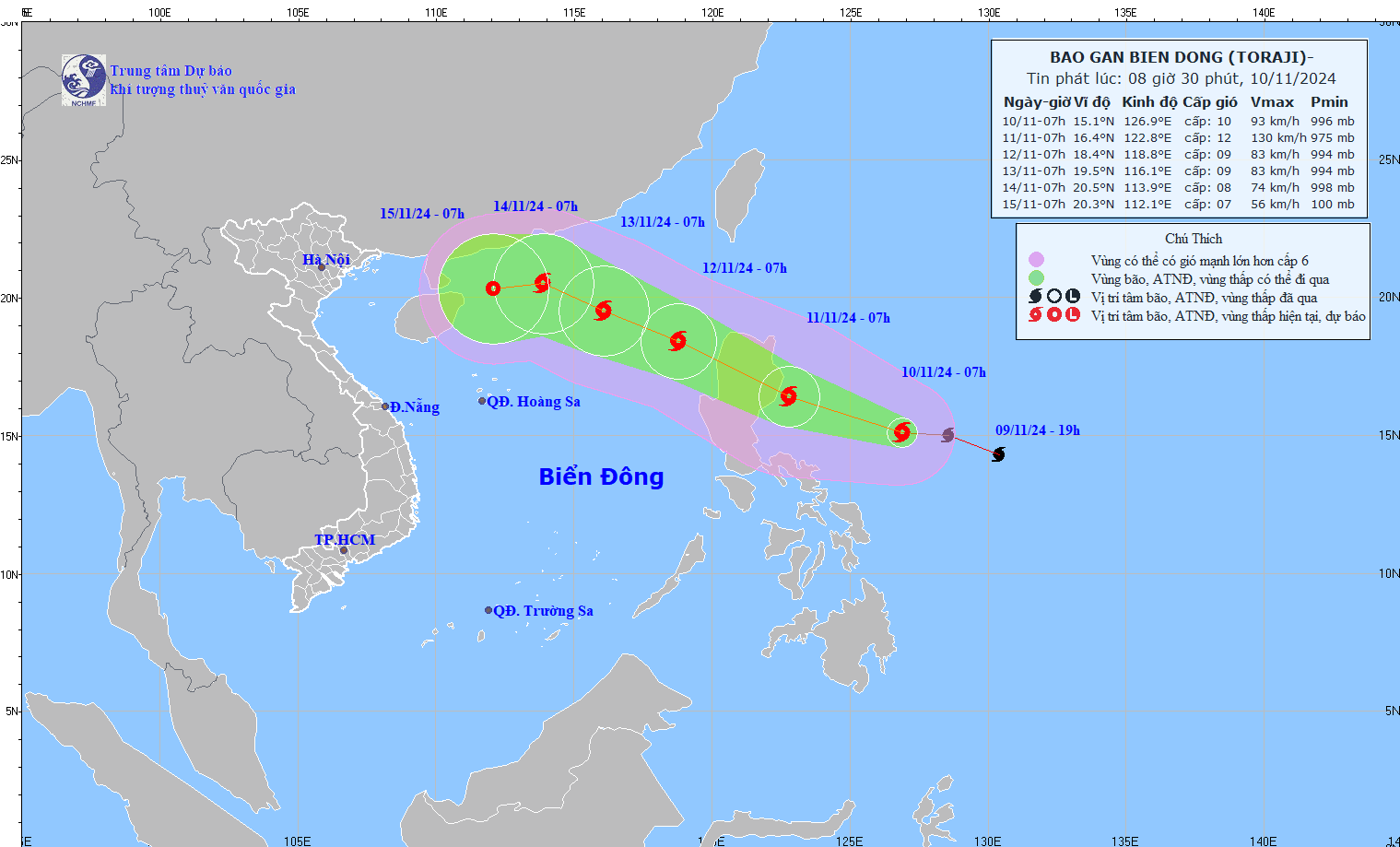 Cap nhat vi tri va duong di cua bao so 8 luc 8h ngay 12.11. Anh: Trung tam Du bao Khi tuong Thuy van Quoc gia.