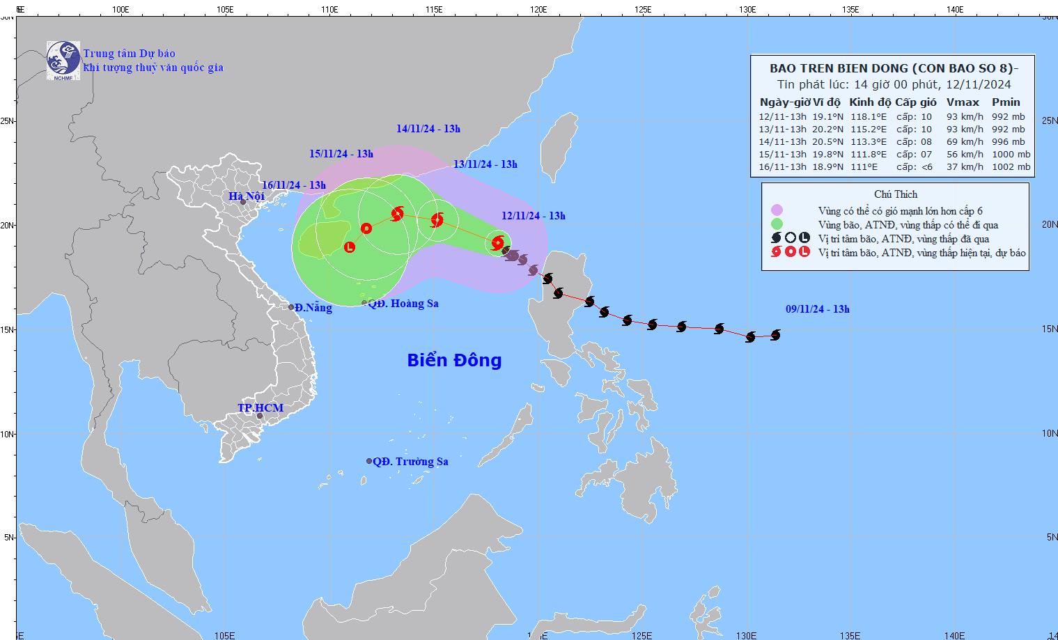 Du bao huong di moi nhat cua bao so 8 Toraji tren Bien Dong. Anh: Trung tam Du bao Khi tuong Thuy van quoc gia