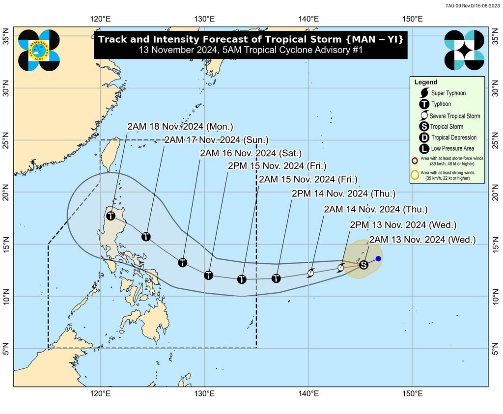 Du bao dau tien cua PAGASA ve duong di cua bao Man-yi. Anh: PAGASA