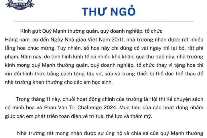 Content of the open letter sent by Mr. Le Hong Thai - Principal of Phan Van Tri Primary School to parents and donors. Photo: School