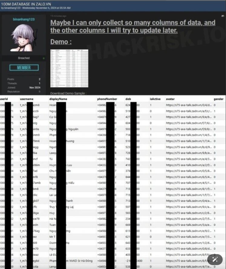 Tin tac tuyen bo da hack du lieu cua 100 trieu nguoi dung Zalo. Anh: Chup man hinh