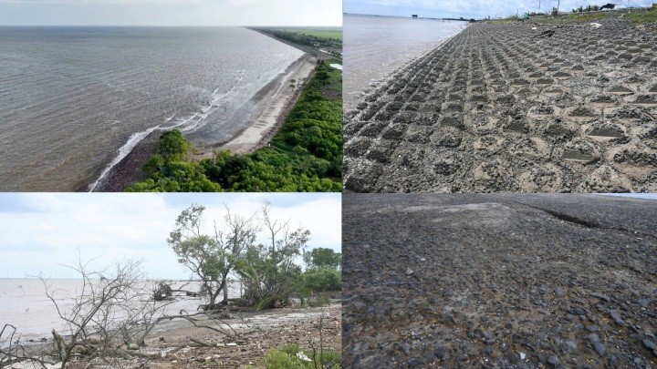 There are still more than 6.8km of wave-reducing dykes that have not been invested in, so when the monsoon season comes, the sea waves hit and cause some sections of the Go Cong sea dyke to deteriorate. Photo: Thanh Nhan
