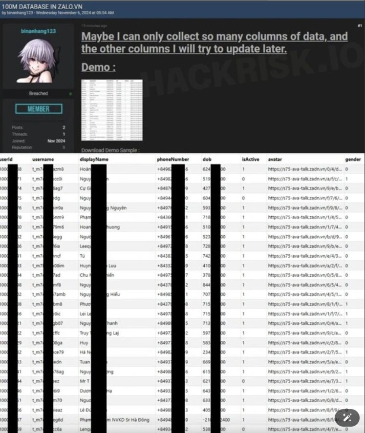 Hackers claim 100 million Zalo accounts were hacked. Photo: Screenshot