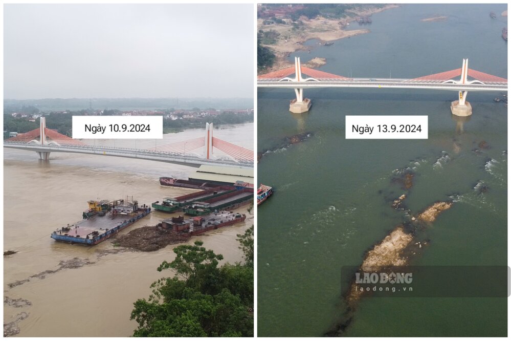 After more than 2 months, the Lo River water has dried up, revealing hidden rocks at Vinh Phu bridge area. Photo: To Cong.