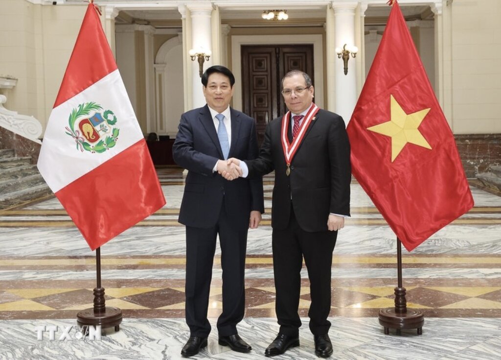 President Luong Cuong and Chief Justice of the Supreme Court of Peru Javier Arevalo Vela. Photo: VNA