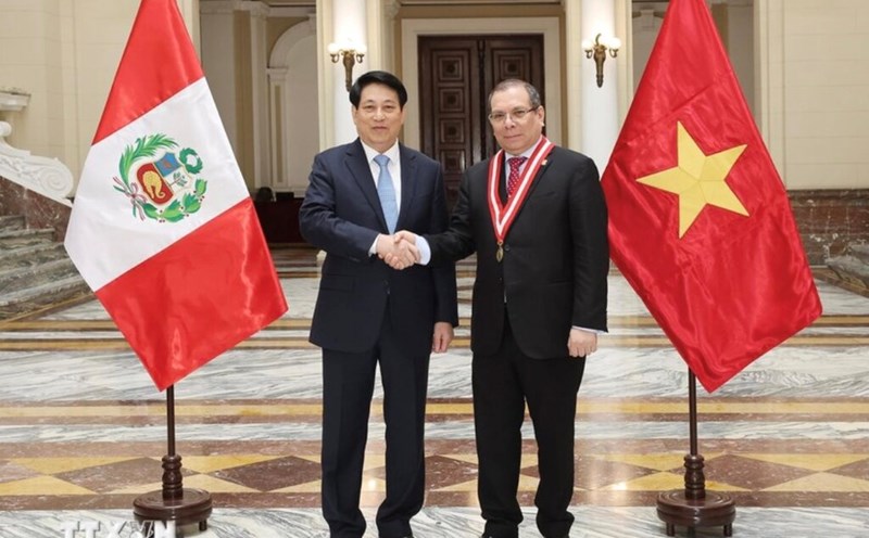 President Luong Cuong and Chief Justice of the Supreme Court of Peru Javier Arevalo Vela. Photo: VNA