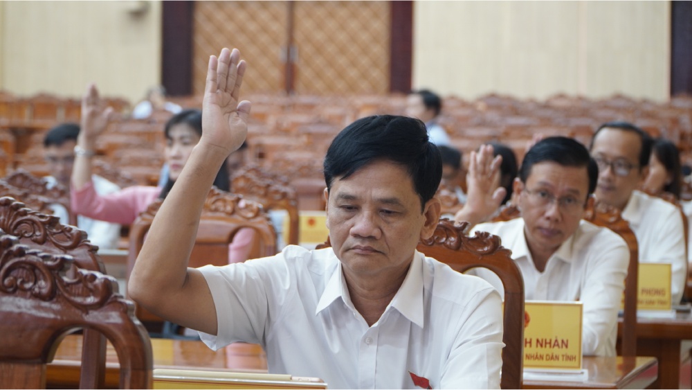 Voting to approve the draft resolution on Regulations on support mechanism for implementing social housing construction investment projects in Kien Giang province. Photo: Nguyen Anh