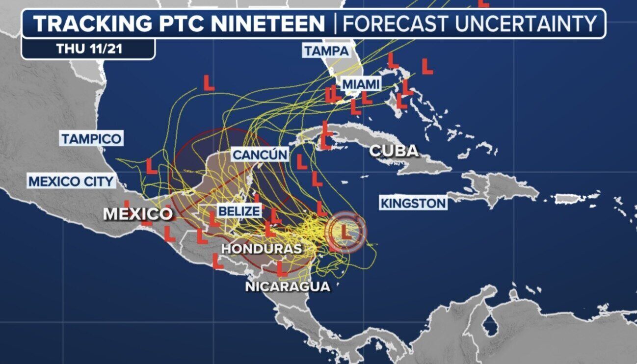 Models predict the path of Hurricane Sara, a storm with the potential to become a hurricane. Photo: Fox Weather