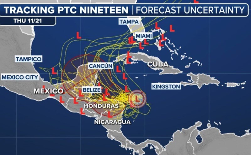 Models predict the path of Hurricane Sara, a storm with the potential to become a hurricane. Photo: Fox Weather