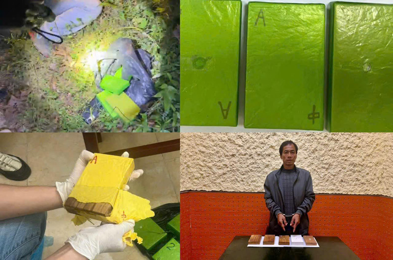 Đối tượng Hoàng Văn Tướng cùng số tang vật heroin được y ngụy trang trong các miếng gỗ. Ảnh: Công an huyện Hạ Lang.