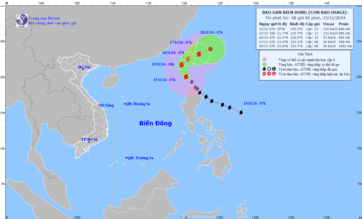 Cap nhat vi tri va duong di cua bao Usagi hoi 7 gio ngay 15.11. Anh: Trung tam Du bao Khi tuong Thuy van Quoc gia 