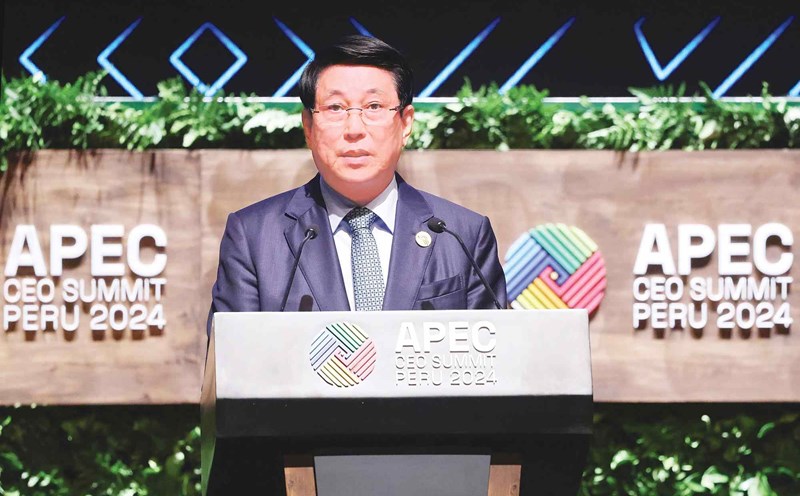 Politburo member and President Luong Cuong speaks at the APEC CEO Summit 2024. Photo: VNA