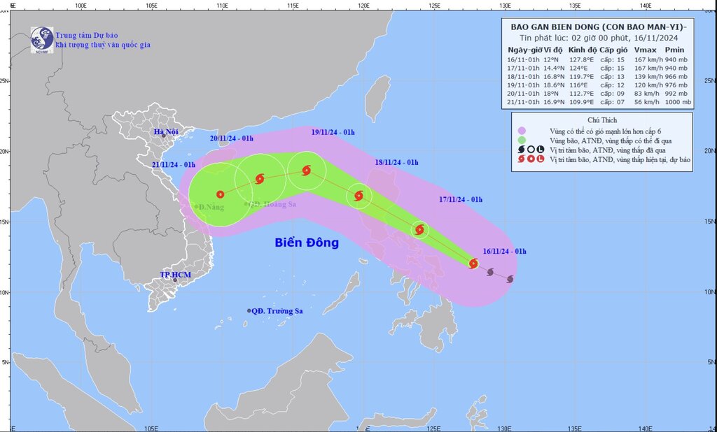 Du bao duong di cua bao Man-yi - con bao gan Bien Dong. Anh: Trung tam Du bao Khi tuong Thuy van Quoc gia Viet Nam