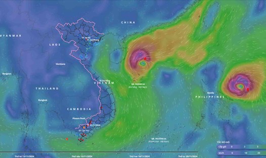 Vị trí của bão Man-yi lúc 21 giờ ngày 16.11. Nguồn: Hệ thống giám sát thiên tai Việt Nam