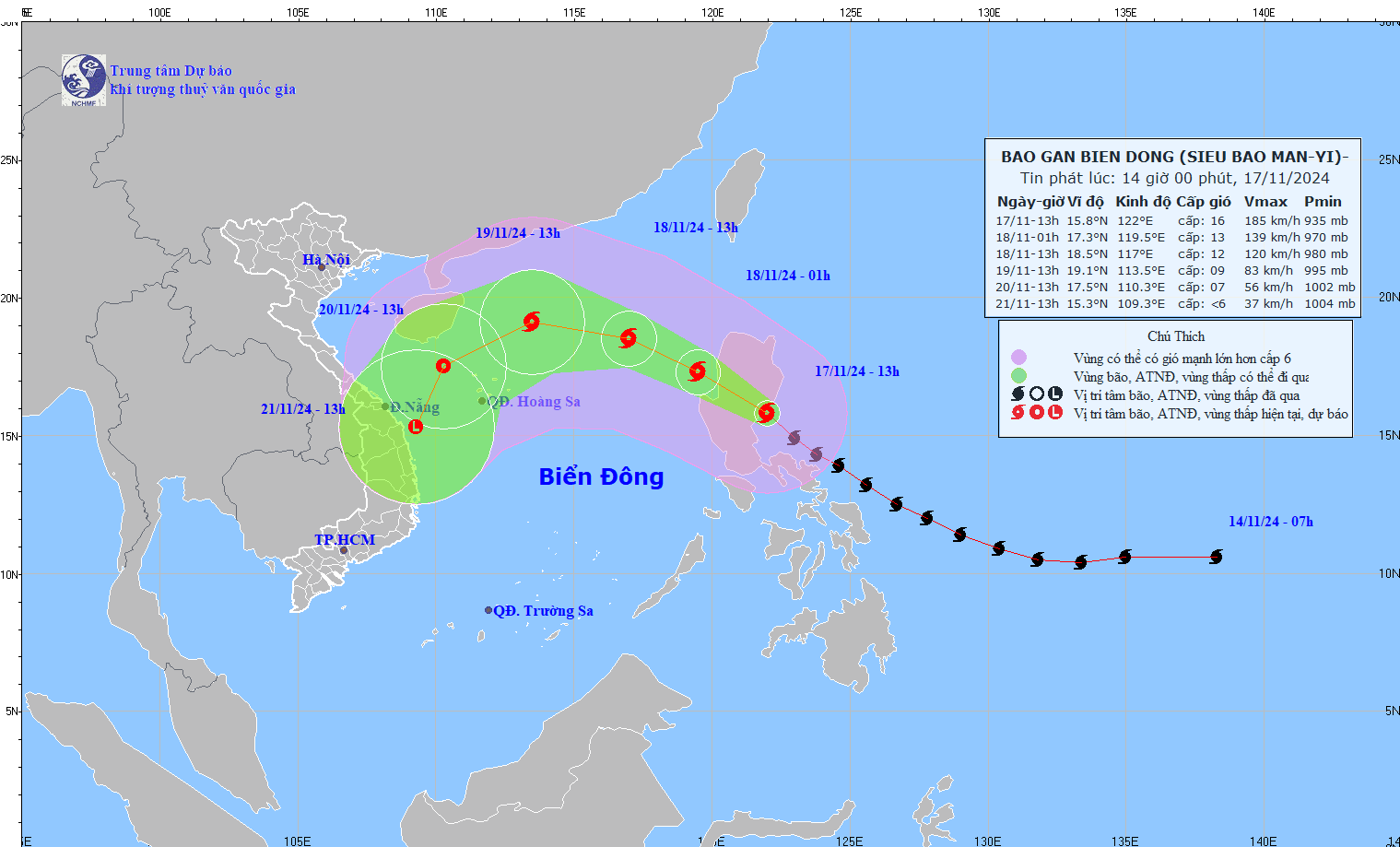 Updated location and path of super typhoon Man-yi at 2:00 p.m. on November 17. Photo: National Center for Hydro-Meteorological Forecasting