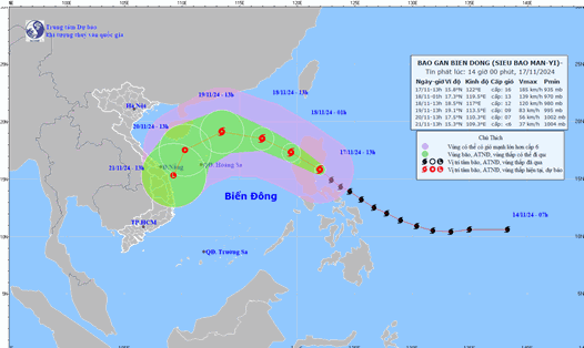 Cập nhật vị trí và đường đi của siêu bão Man-yi hồi 14 giờ ngày 17.11. Ảnh: Trung tâm Dự báo Khí tượng Thủy văn Quốc gia