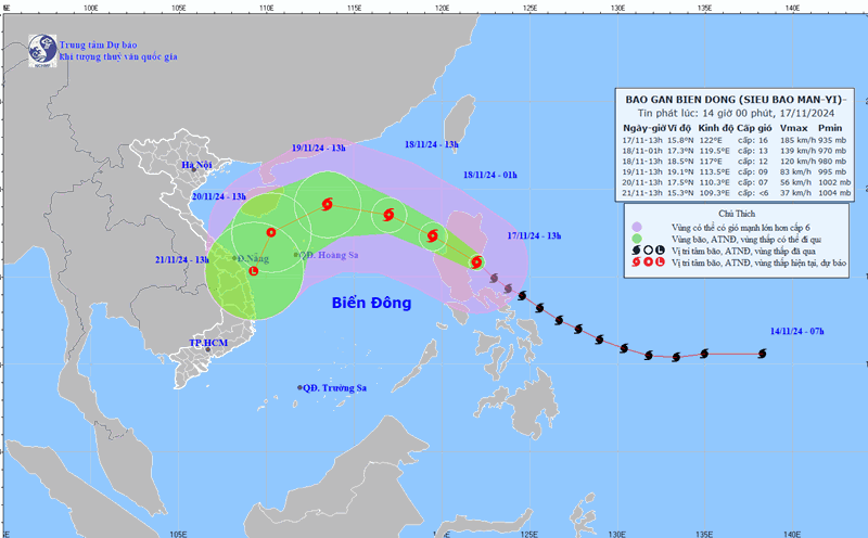 Updated location and path of super typhoon Man-yi at 2:00 p.m. on November 17. Photo: National Center for Hydro-Meteorological Forecasting