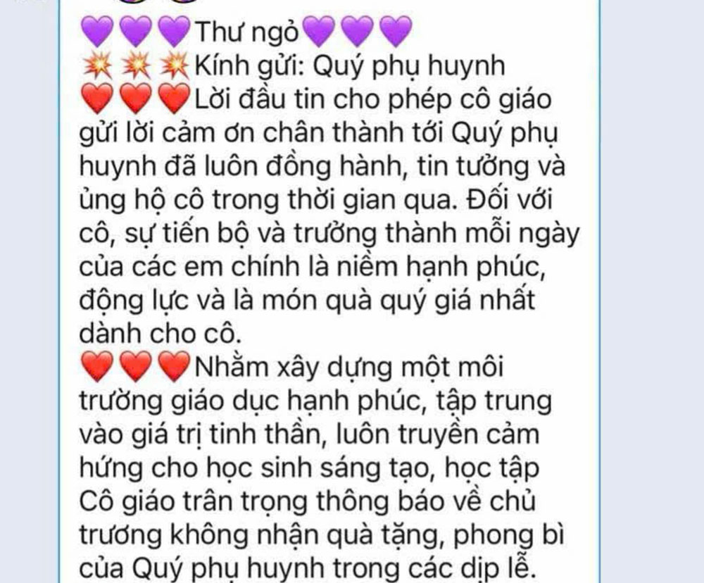 Open letter about refusing to accept gifts from a primary school teacher in Vinh city, Nghe An province. Photo: Hai Dang
