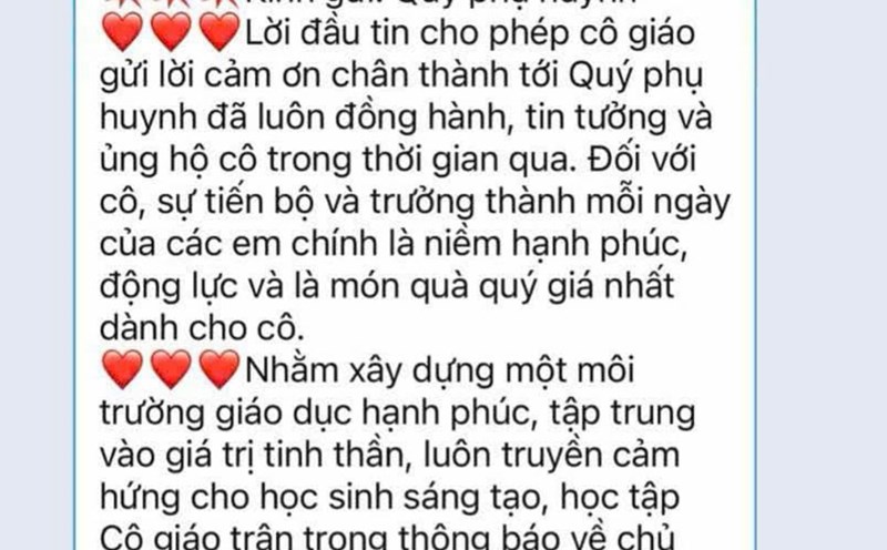 Open letter about refusing to accept gifts from a primary school teacher in Vinh city, Nghe An province. Photo: Hai Dang
