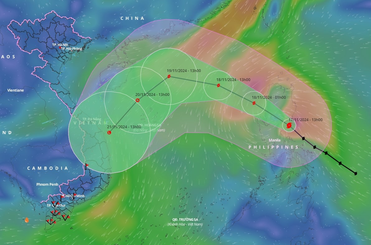 Cold air and super typhoon Man-yi cause bad weather in the East Sea. Above is an updated image of the path of super typhoon Man-yi at 5:00 p.m. on January 17. Photo: Vietnam Disaster Monitoring System