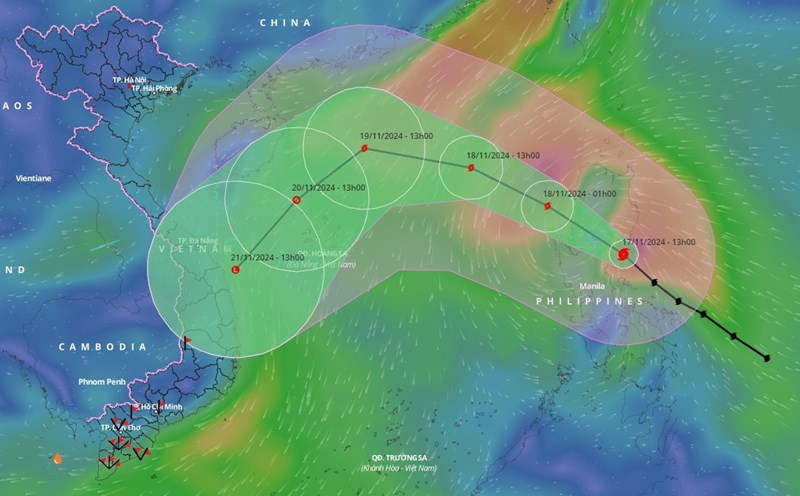 Cold air and super typhoon Man-yi cause bad weather in the East Sea. Above is an updated image of the path of super typhoon Man-yi at 5:00 p.m. on January 17. Photo: Vietnam Disaster Monitoring System
