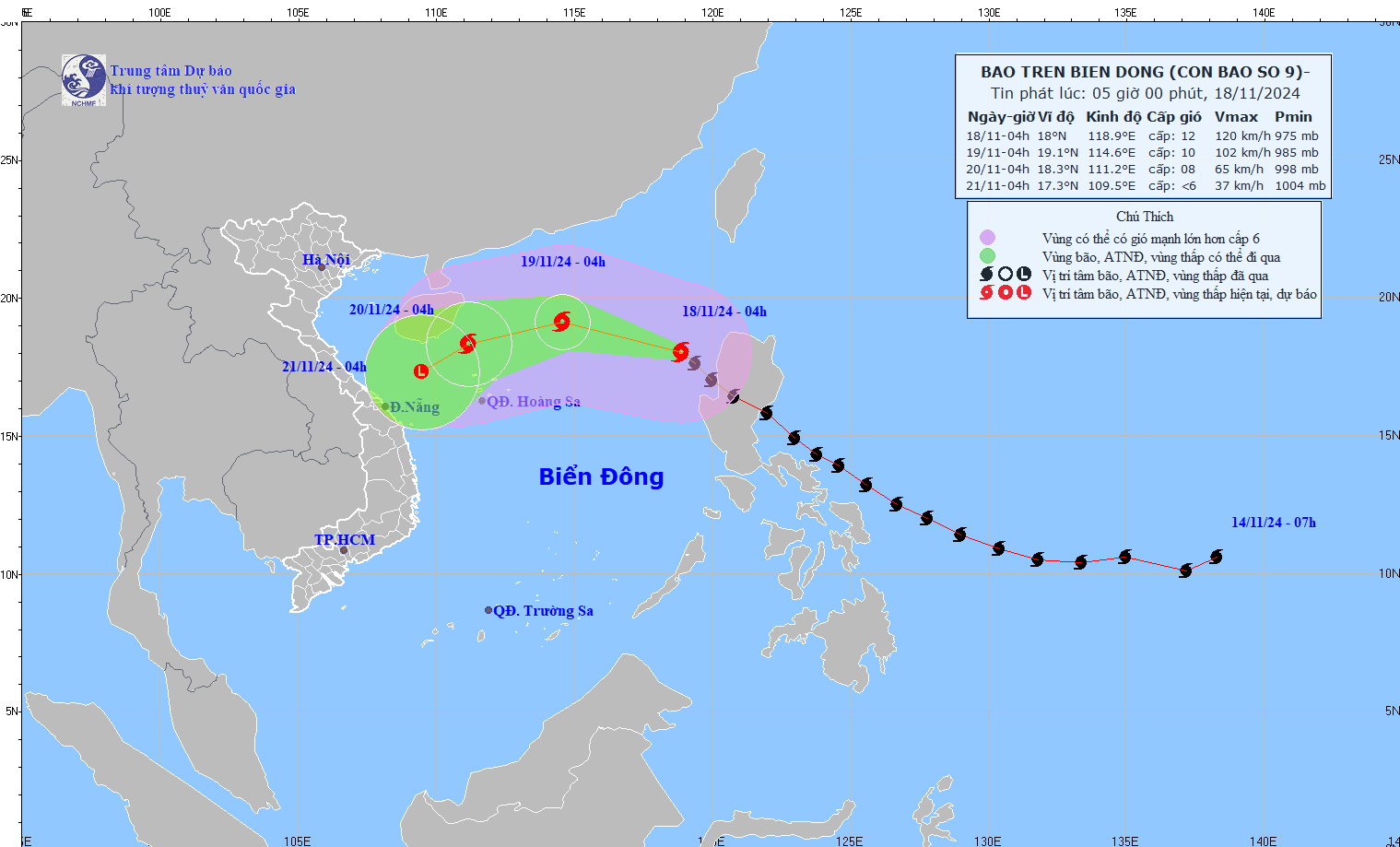 Du bao duong di cua bao so 9. Anh: Trung tam Du bao khi tuong thuy van quoc gia Viet Nam