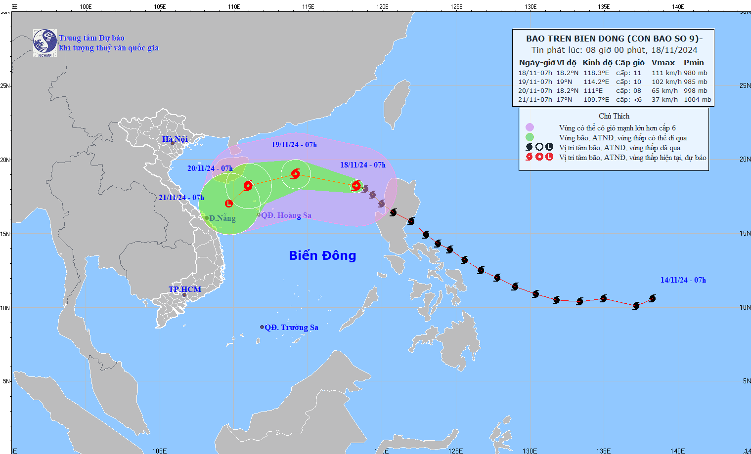 Cap nhat vi tri va duong di cua bao so 9 Man-yi hoi 8h ngay 18.11. Anh: Trung tam Du bao Khi tuong Thuy van Quoc gia