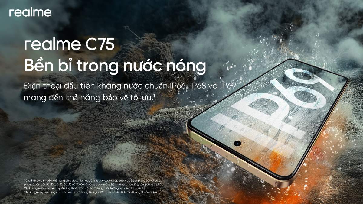 Realme C75 - the first phone in the Vietnamese market to have a comprehensive protection layer with water and dust resistance meeting IP69 standards. Photo: Realme