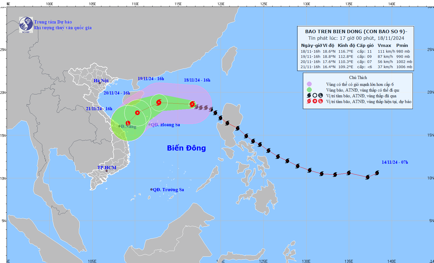 Cap nhat duong di cua bao so 9 hoi 17 gio ngay 18.11. Anh: Trung tam Du bao Khi tuong Thuy van Quoc gia