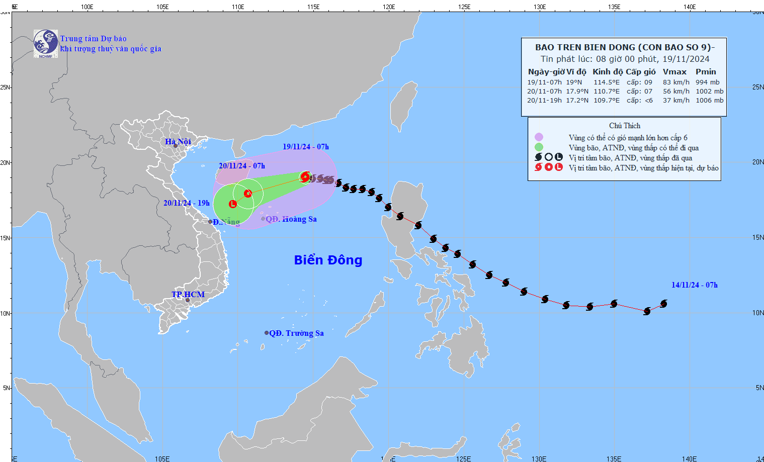 Cap nhat vi tri va duong di cua bao so 9 Man-yi hoi 8h ngay 19.11. Anh: Trung tam Du bao Khi tuong Thuy van Quoc gia