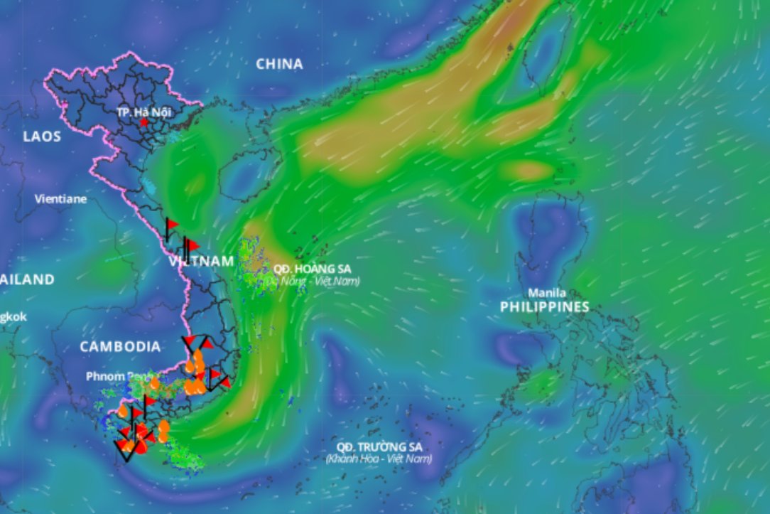 Cold air continues to cause bad weather in the Gulf of Tonkin and the North East Sea. Above is the image of the wind direction layer at 5:00 p.m. on November 2. Source: Vietnam Natural Disaster Monitoring System