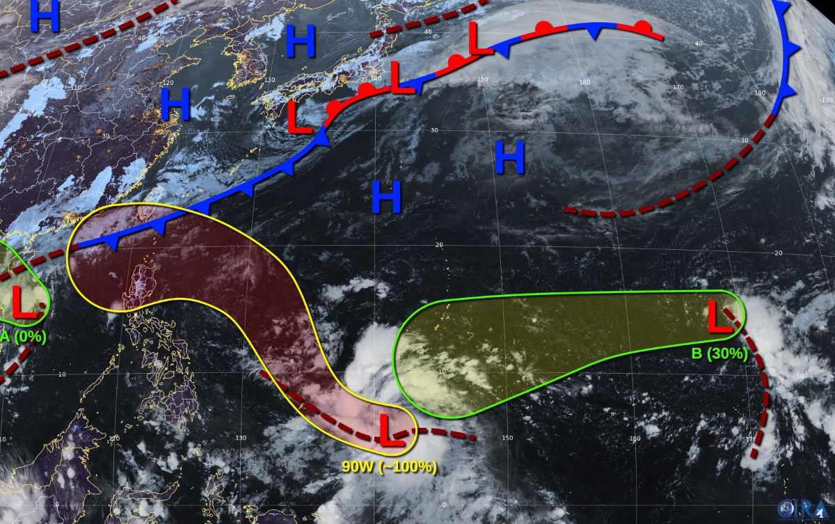 Ngay 2.11, JTWC theo doi 3 ap thap: Ap thap o giua Bien Dong, ap thap 90W va ap thap B. Anh: JTWC