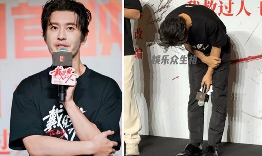 Huỳnh Hiểu Minh cúi đầu xin lỗi vì ồn ào đời tư trong buổi công chiếu phim "The Wig". Ảnh: Weibo