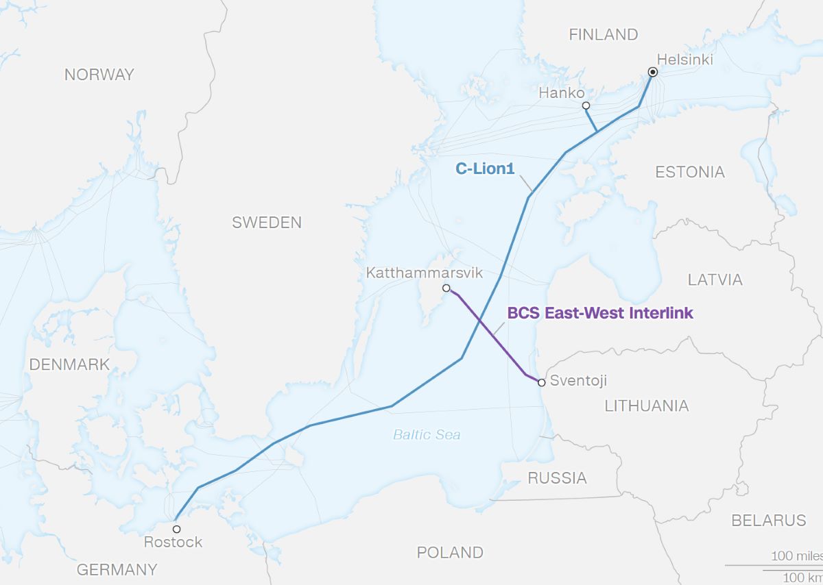 Tuyến cáp BCS East-West nối Lithuania và Thụy Điển và C-Lion1 nối Phần Lan với Đức. Nguồn: TeleGeography, submarinecablemap.com, CNN