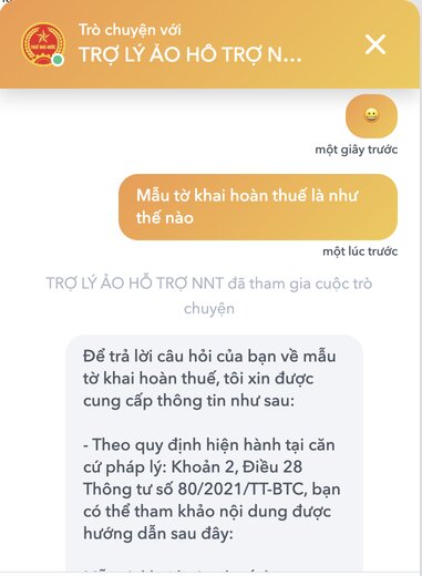 Tro ly ao ho tro tra loi cac cau hoi cho nguoi nop thue. Hien tro ly ao dang duoc co quan Thue tich cuc hoan thien. Doi voi cac cau hoi phuc tap, tro ly ao se can nhieu thoi gian hon de phan tich, tra loi. 