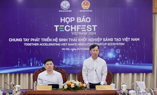 The Ministry of Science and Technology and the Hai Phong City People's Committee held a press conference about the Creative Startup Festival. Photo: Minh Hanh