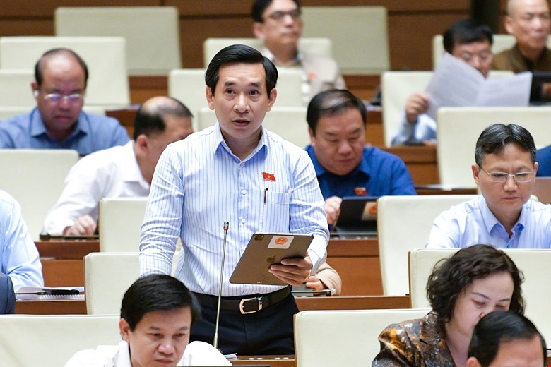 Delegate Nguyen Van Canh (Binh Dinh Delegation) recounted the story of a restaurant employee introducing his service in English to illustrate the abuse of foreign languages ​​in advertising. Photo: National Assembly
