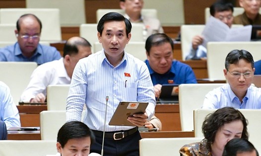 Đại biểu Nguyễn Văn Cảnh (Đoàn Bình Định) kể lại chuyện mình được nhân viên quán giới thiệu dịch vụ bằng tiếng Anh để minh họa tình trạng lạm dụng tiếng nước ngoài trong quảng cáo. Ảnh: Quốc hội