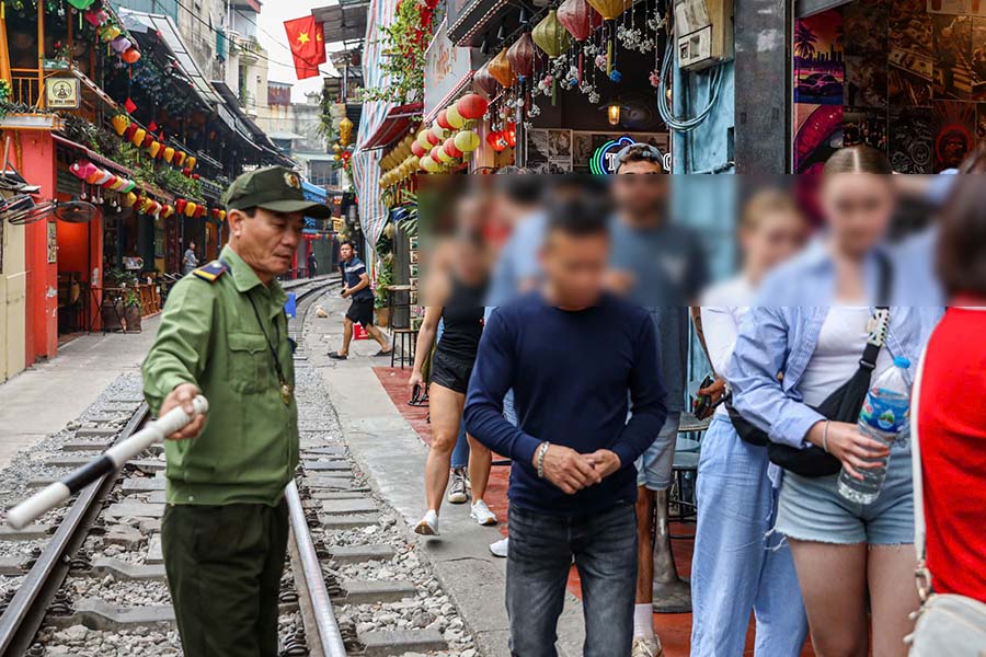 Police "sweep" violations at the train street coffee shop in Hanoi