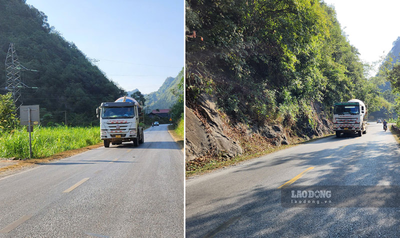 Trạm bê tông sai phạm của Công ty Cổ phần Tập đoàn Xây dựng giao thông miền Bắc nằm ngay cạnh biển cảnh báo đoạn đường hay xảy ra tai nạn dù bị chỉ đạo dừng hoạt động nhưng đơn vị này vẫn hoạt động các xe bồn vẫn chở bê tông đi bán. Ảnh: Tân Văn.