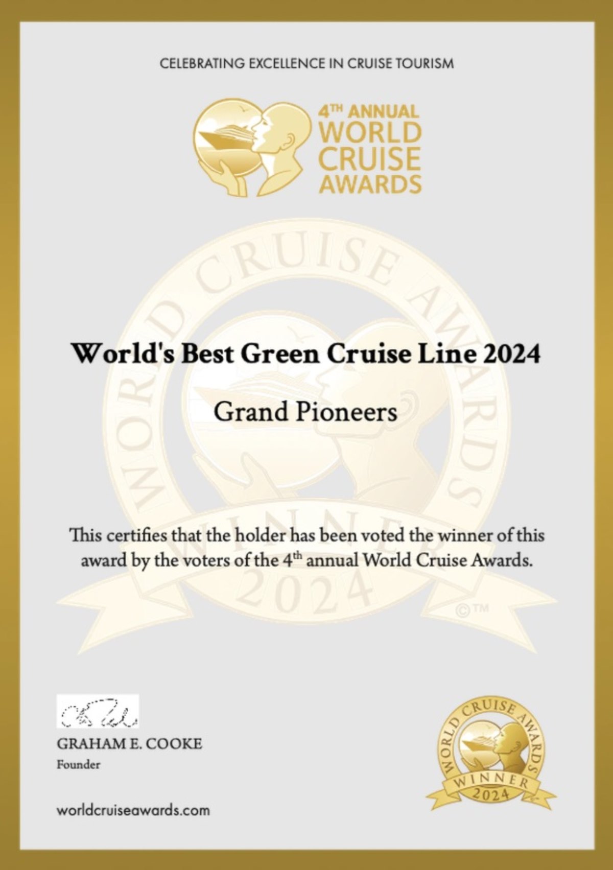 Grand Pioneers Cruise gianh giai thuong “Hang du thuyen xanh tot nhat 2024“. Anh: World Cruise Awards.