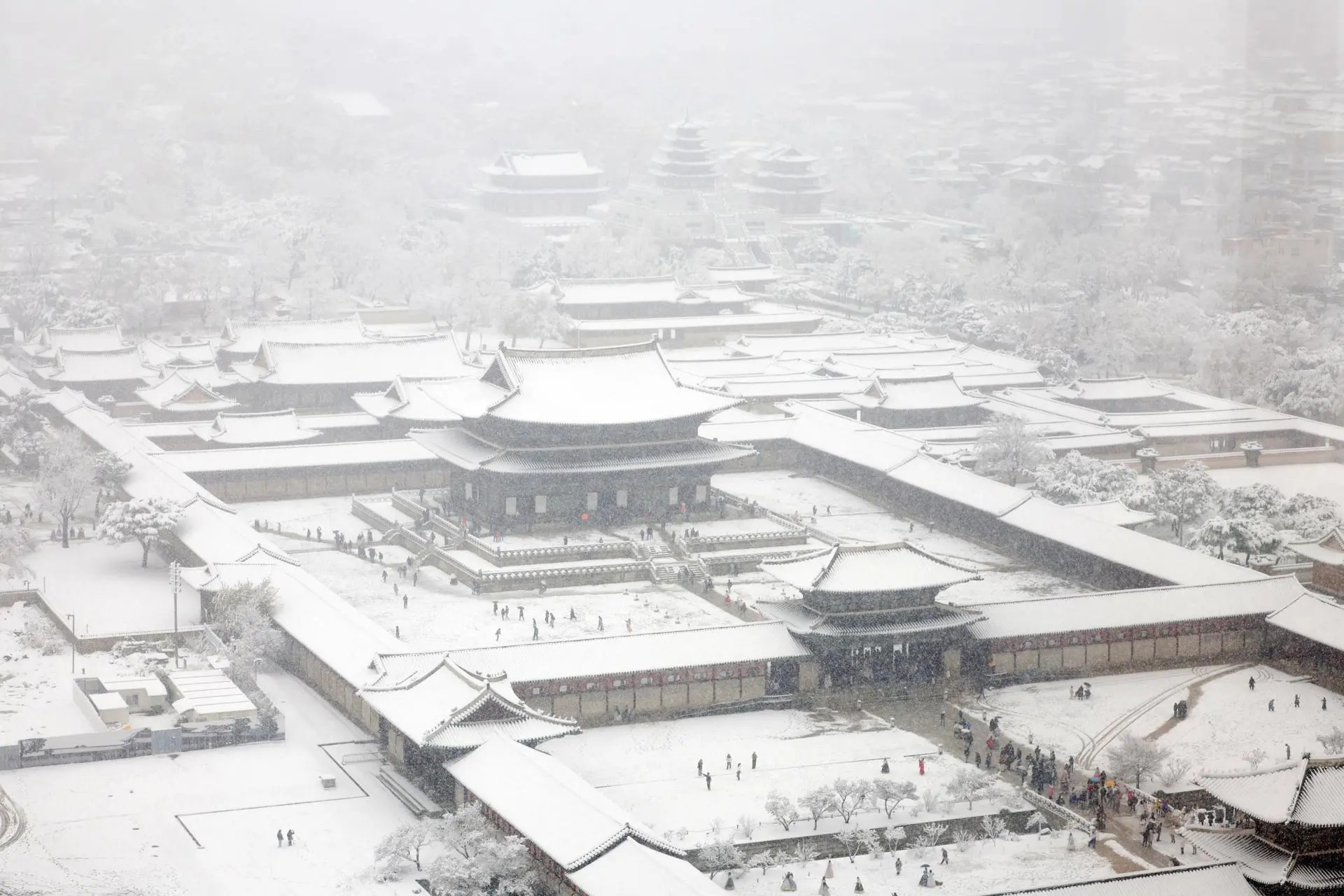 Cung điện Gyeongbokgung, một điểm du lịch nổi tiếng của Seoul, chìm trong tuyết trắng ngày 27.11. Ảnh: Yonhap