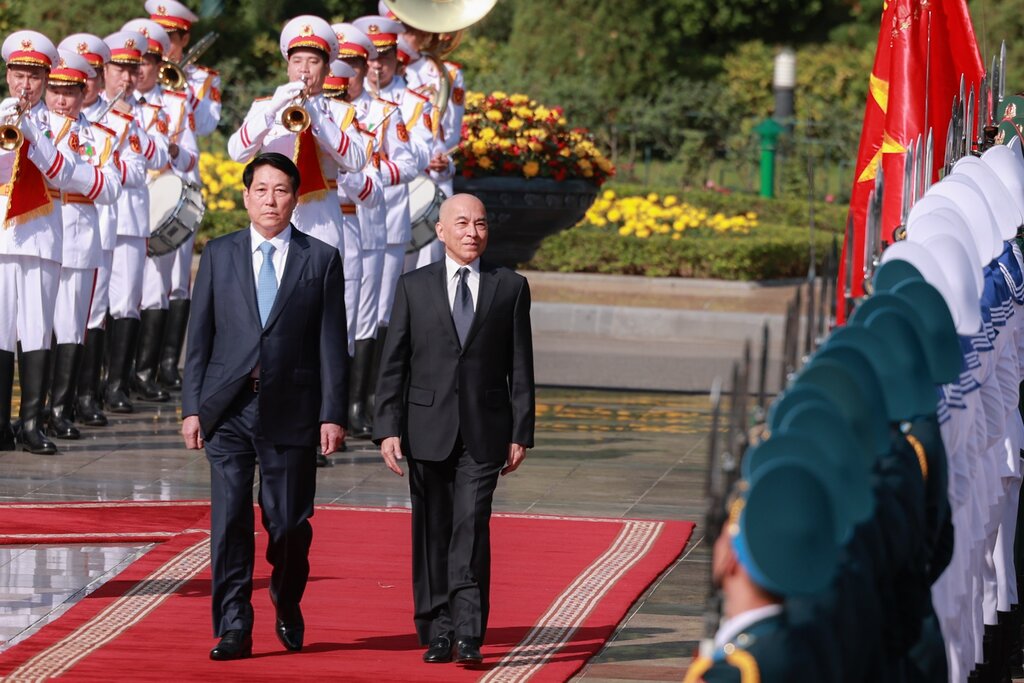 President Luong Cuong presided over the welcoming ceremony for Cambodian King Norodom Sihamoni. Photo: Hai Nguyen