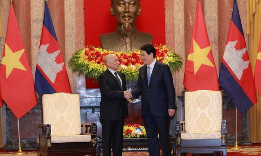 Chủ tịch nước Lương Cường hội kiến Quốc vương Campuchia Norodom Sihamoni. Ảnh: Hải Nguyễn