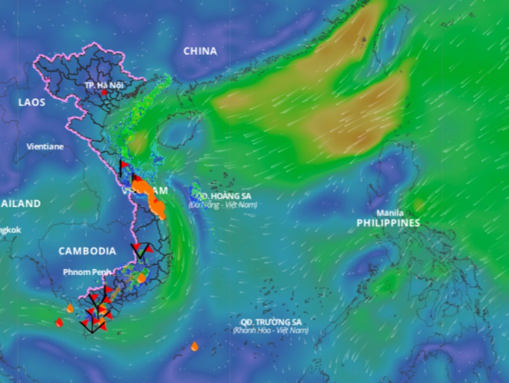 Cold air continues to cause bad weather in the Gulf of Tonkin and the North East Sea. Above is the image of the wind direction layer at 5:00 p.m. on November 3. Source: Vietnam Natural Disaster Monitoring System