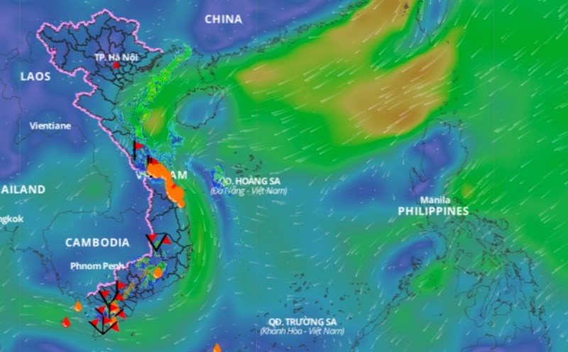 Cold air continues to cause bad weather in the Gulf of Tonkin and the North East Sea. Above is the image of the wind direction layer at 5:00 p.m. on November 3. Source: Vietnam Natural Disaster Monitoring System