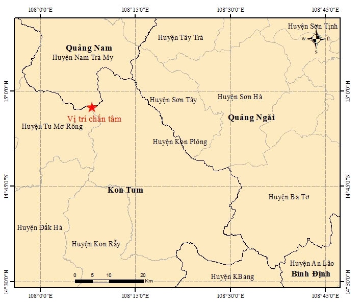 2 tran dong dat chieu 30.11 o Kon Tum co cap do rui ro thien tai cap 0, nhung da lam rung chuyen mien nui Quang Nam. Anh: Vien Vat ly dia cau