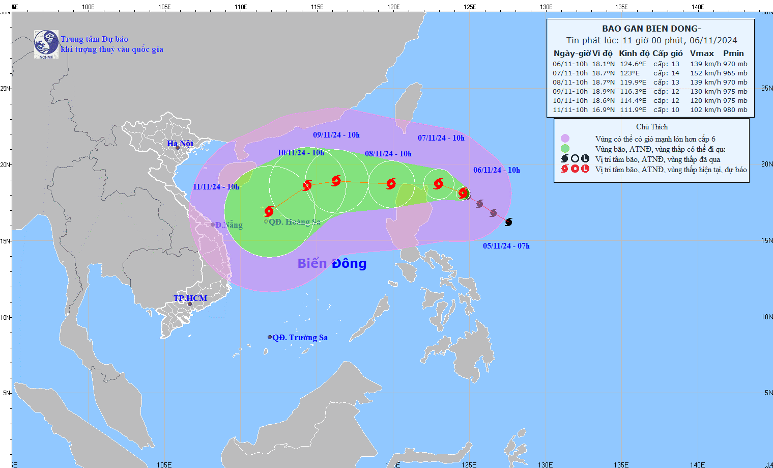 Updated location and path of storm Yinxing at 11:30 a.m. on November 6. Photo: National Center for Hydro-Meteorological Forecasting