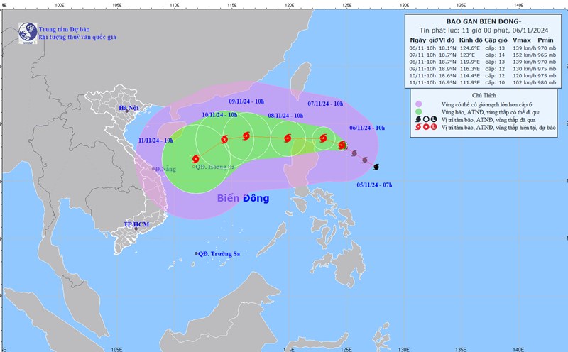 Updated location and path of storm Yinxing at 11:30 a.m. on November 6. Photo: National Center for Hydro-Meteorological Forecasting