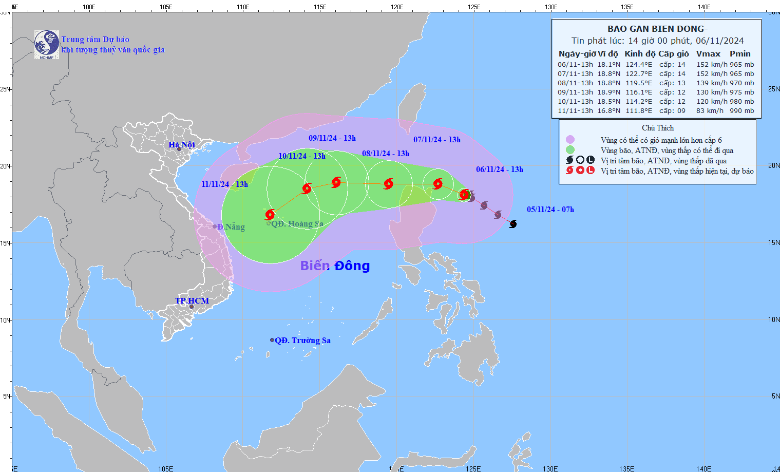 Updated location and path of storm Yinxing at 2:00 p.m. on November 6. Photo: National Center for Hydro-Meteorological Forecasting